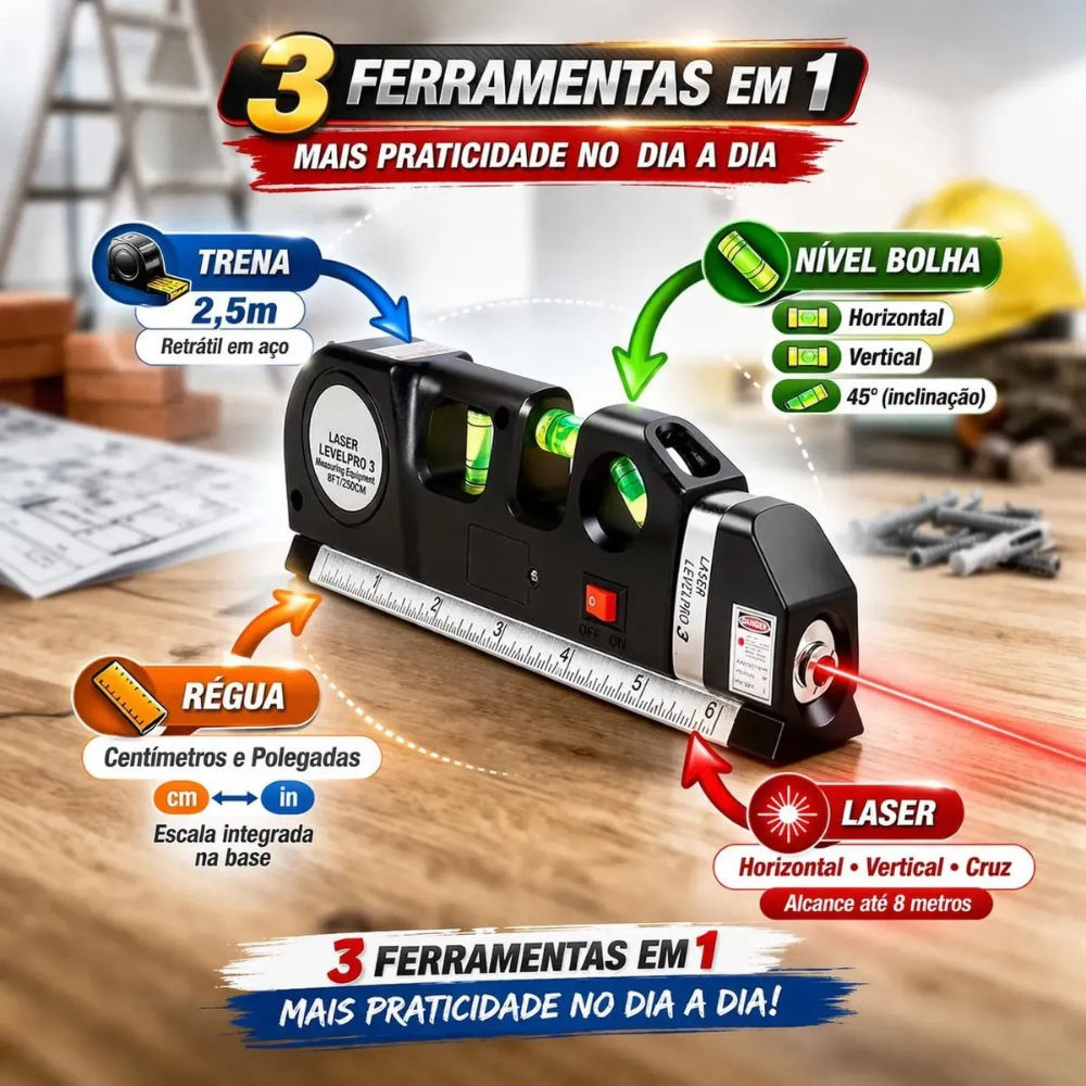 Trena Nível Laser Pro3 com indicação de suas funções
